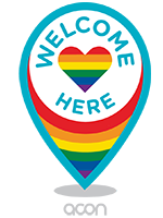 Welcome Here map pin logo with rainbow love heart